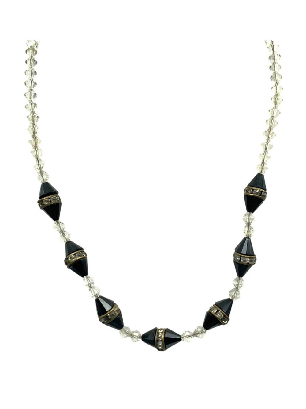 Vintage Art Deco Crystal Bead Necklace, Clear Faceted Fabulous Strand with Black